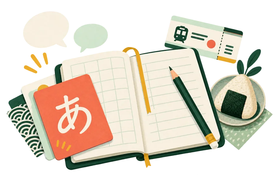 Ilustración con una tarjeta de hiragana, cuaderno, lápiz y onigiri